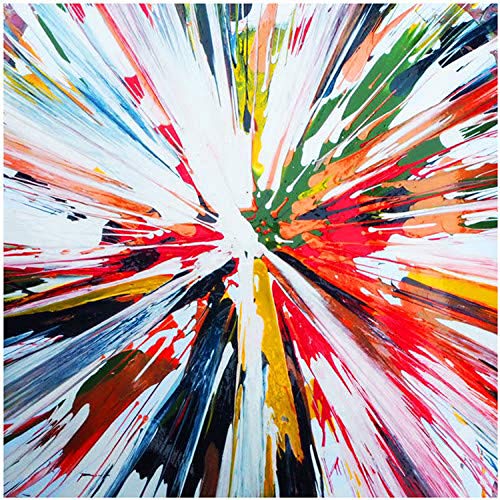 The image depicts a vibrant abstract painting with multicolored streaks radiating outward.