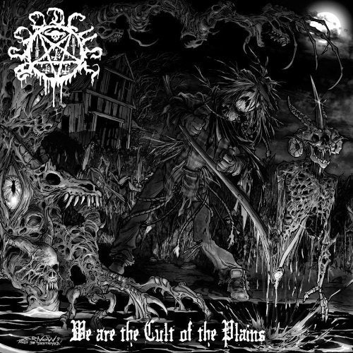 "Black and white album cover featuring a dark, gothic illustration of a warrior and skulls."