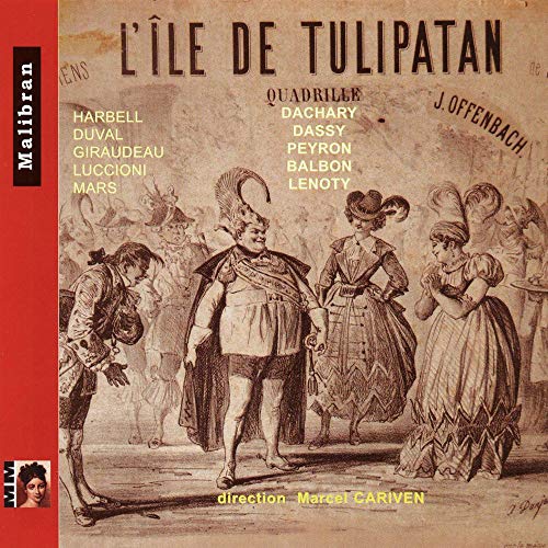 Vintage-styled CD cover with red border, illustration of people, and opera title "L'ile de Tulipatan".