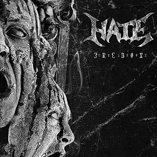 "Album cover with a stone statue and the title 'Hate - Reborn' on a black background."