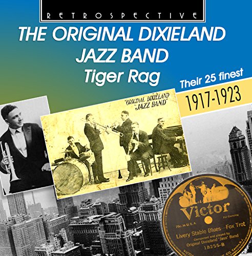 "Album cover with jazz band photos, cityscape, and record label on a blue-green background."