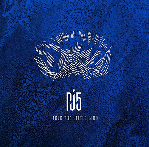 A blue album cover with white line drawing of a bird and text "pj5" and song title.