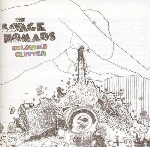 "Album cover with abstract black and white illustration and multicolored text."
