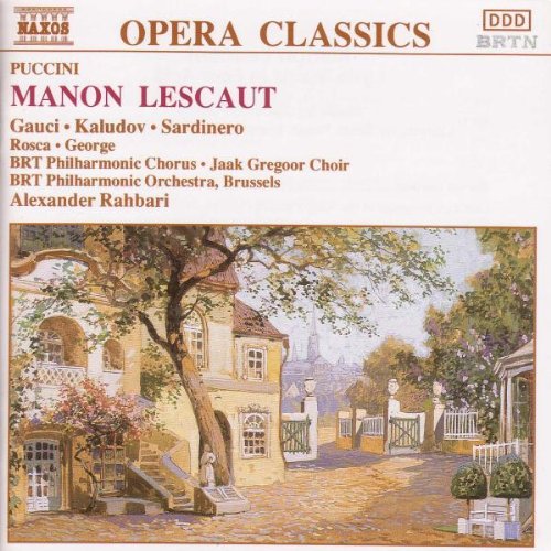 "CD cover with 'Manon Lescaut' title and serene garden scene illustration."