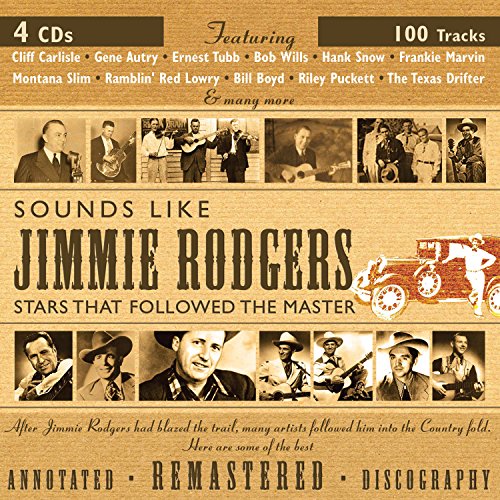 "CD cover with sepia-toned images of musicians and title 'Sounds Like Jimmie Rodgers'."