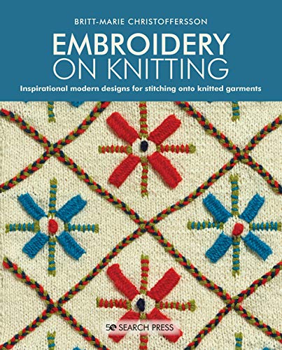 Book cover showing embroidered designs on knitted garments with stitch patterns and photos.