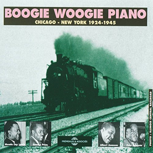 "CD cover with a train and four musician portraits, titled 'Boogie Woogie Piano'."