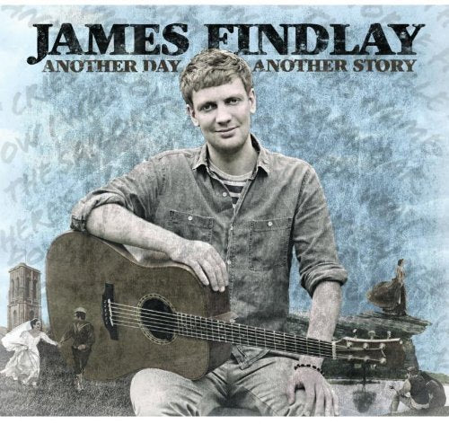 Man holding guitar, surrounded by collaged images, on a blue textured album cover.