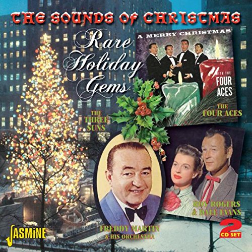 "Christmas CD cover with cityscape, tree, and portraits of singers."