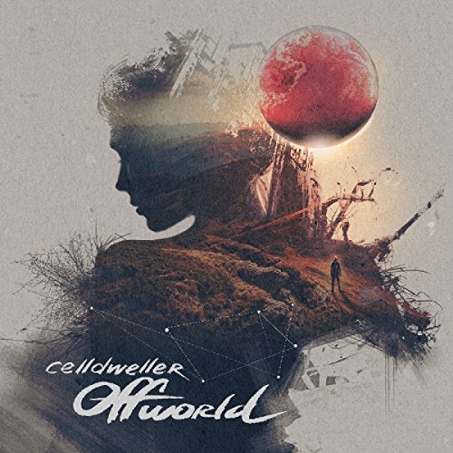 "Album cover art with a double-exposed profile and futuristic landscape, titled 'Celldweller Offworld'."