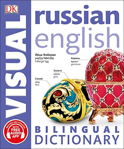 "Book cover with blue banner, 'russian english bilingual dictionary' text, and ornate Fabergé egg images."