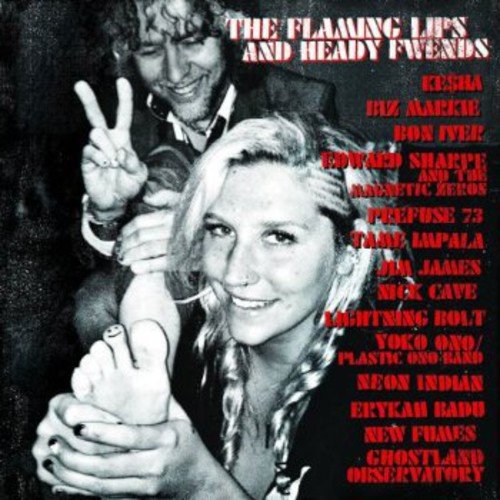 "Black and white album cover with man and woman, red text listing featured artists."