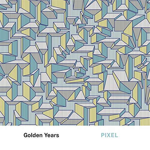 The alt text for the image is: "Album cover with abstract 3D shapes in blue, yellow, and grey."
