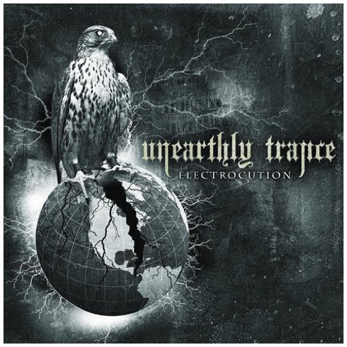 "Album cover with a hawk on a globe surrounded by lightning, dark background."