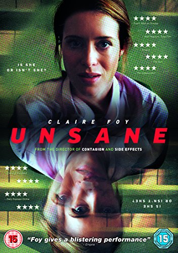 DVD cover for "Unsane" featuring Claire Foy with a disturbed expression and bruised face.