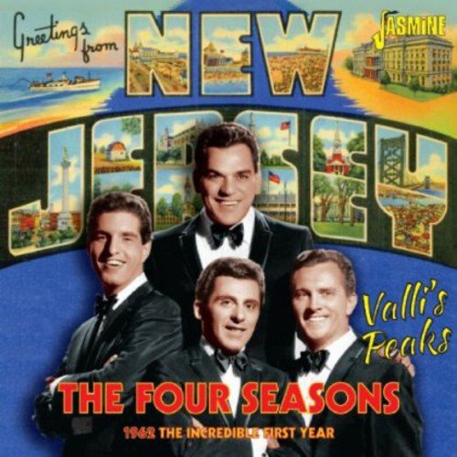 "Album cover featuring The Four Seasons with New Jersey postcard background and four men."
