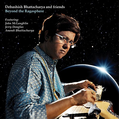 "Man playing a stringed instrument against a starry night sky with a planet."
