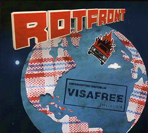 "Album cover with 'Rotfront' and 'Visafree' text, featuring a globe and cartoon truck."