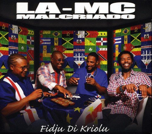 "CD cover with four men playing cards, surrounded by international flags."
