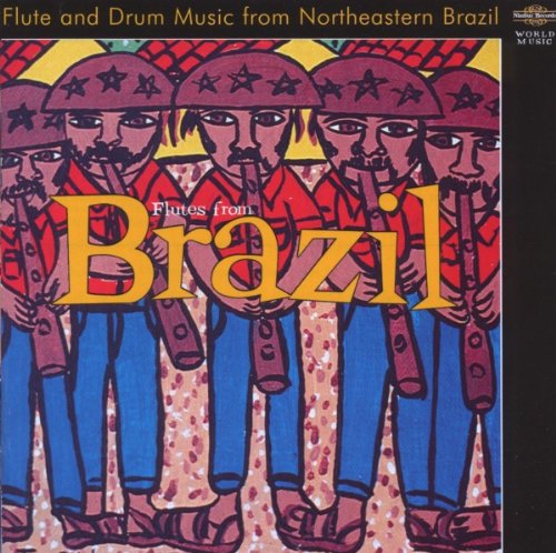 "CD cover with colorful illustration of men playing flutes, titled 'Flutes from Brazil'."