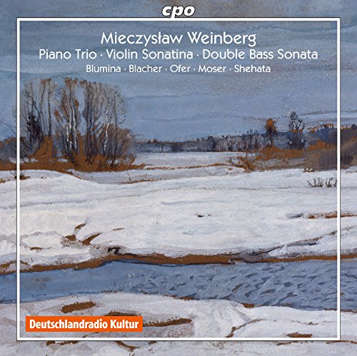 Snowy landscape painting with white text overlay and orange label in bottom left corner.