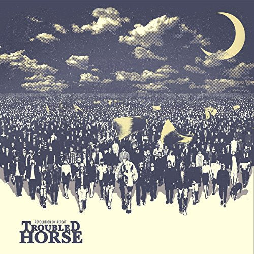 "Album cover featuring a crowd of people with flags under a crescent moon."