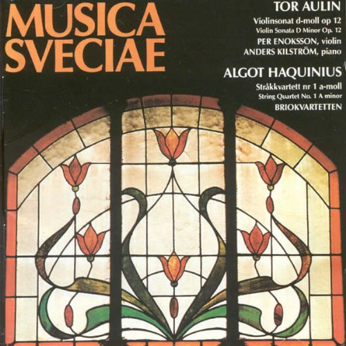 "CD cover with stained glass window design and orange text 'Musica Sveciae' on black background."