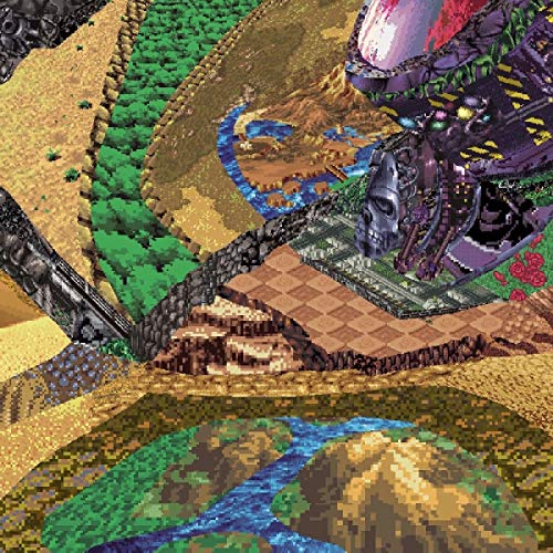 The alt text for the image is: "Pixel art landscape with a castle and a skull."