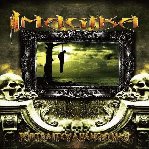 "Album cover with ornate frame, skulls, and a hanged man in a landscape."