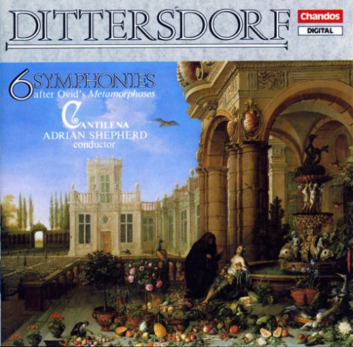 "CD cover with classical painting of a courtyard scene, featuring 'Dittersdorf' at the top."