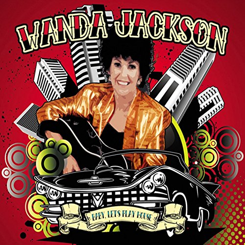 "Album cover featuring Wanda Jackson with a record player and keyboards on a red background."