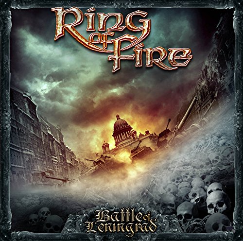 "CD cover art: 'Ring of Fire' with war-torn building and skulls."