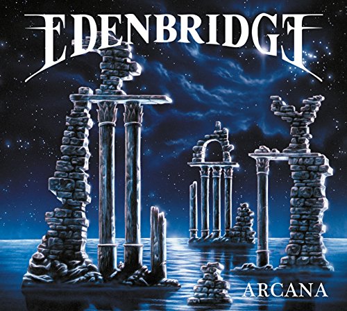 "Album cover with 'Edenbridge' and 'Arcana' text, featuring ancient ruins in a starry night sky."