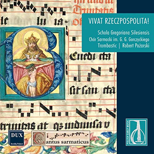 CD cover with medieval manuscript background, king illustration, and white text on blue rectangle.