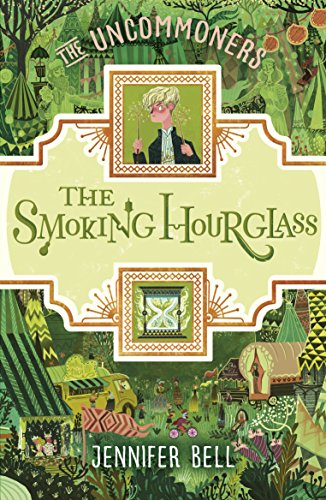 "The Smoking Hourglass" book cover featuring a boy, hourglass, and whimsical green illustrations.