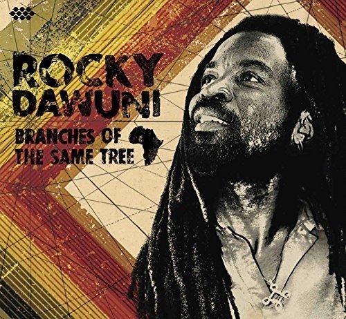 Man with dreadlocks on album cover with abstract background and text "Rocky Dawuni".