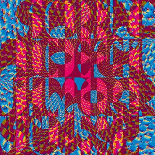 A vinyl record sleeve with a kaleidoscopic pattern in pink, blue, and yellow.