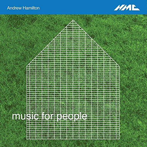 "Album cover with white grid house on green grass background, titled 'music for people'."