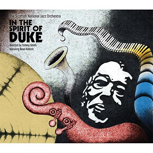 Jazz album cover with abstract illustration of a man's face and musical elements.