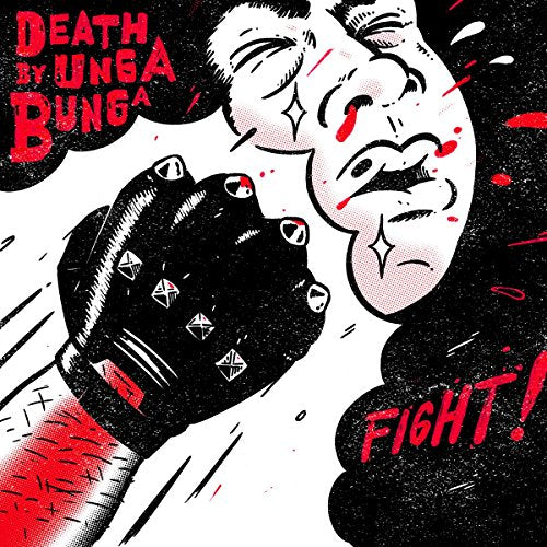 A cartoon man is punched by a gloved hand, with red splatters and text.