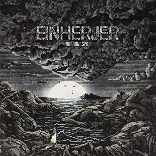 "Black and white album cover with rocky seascape, cloudy sky, and 'Einherjer' text."
