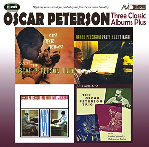 "CD cover with four album images, titled 'Oscar Peterson Three Classic Albums Plus'."