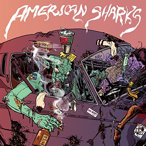 "Album cover art featuring a zombie-like figure in a crashed car with debris and smoke."