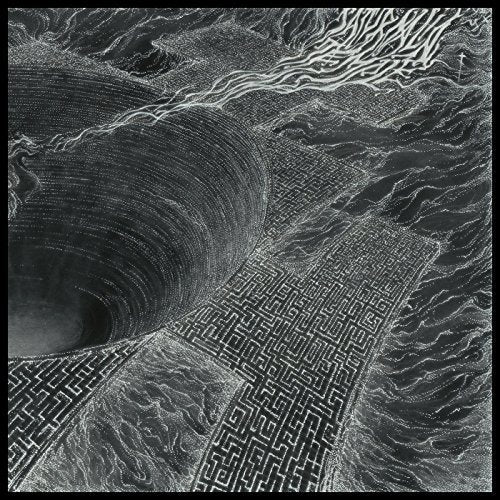 The alt text for the image is: "Black and white album cover with geometric patterns and abstract design."