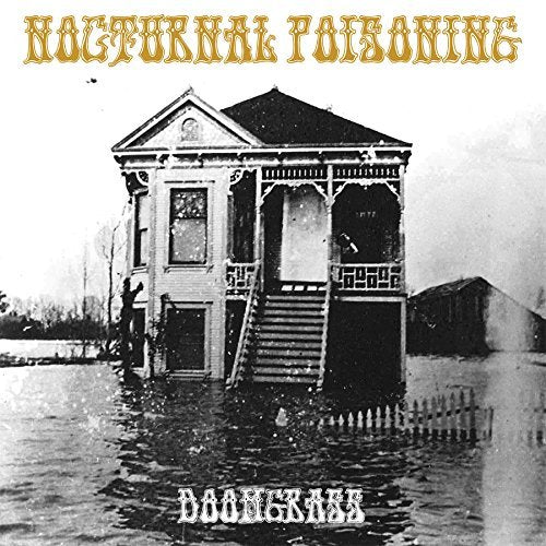 "Black and white album cover with flooded house and ornate text."