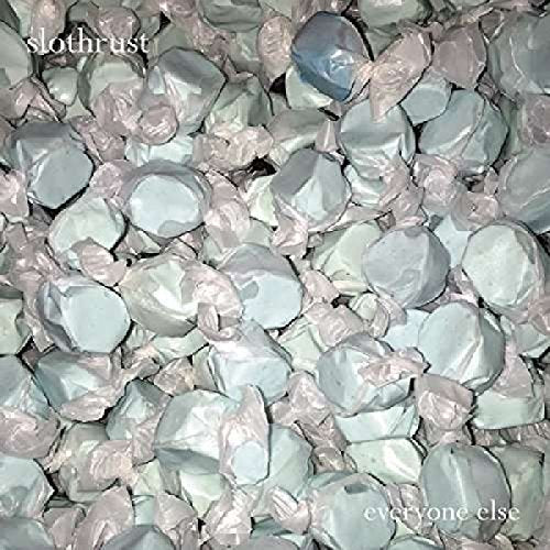 Album cover with pale blue and pink candies and white text "slothrust everyone else".