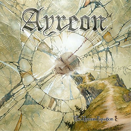 "Album cover art for 'Ayreon - The Human Equation' showing a broken window with a landscape."