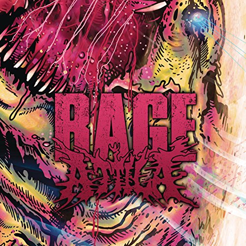 The image is a vibrant, comic-style illustration featuring the word "RAGE" prominently. Alt text: Comic album cover with "RAGE" in red letters and monster illustration.