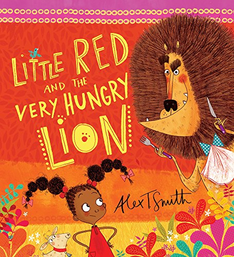 The image depicts a children's book cover featuring a cartoon girl and lion. "Children's book cover with girl in red dress and hungry lion."