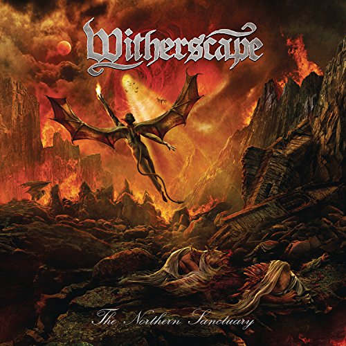 "Album cover art with demon flying over burning landscape and corpses."